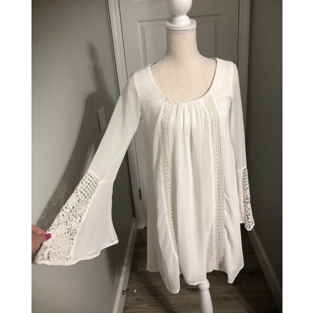 Bell Sleeve White Shift Dress With Lace